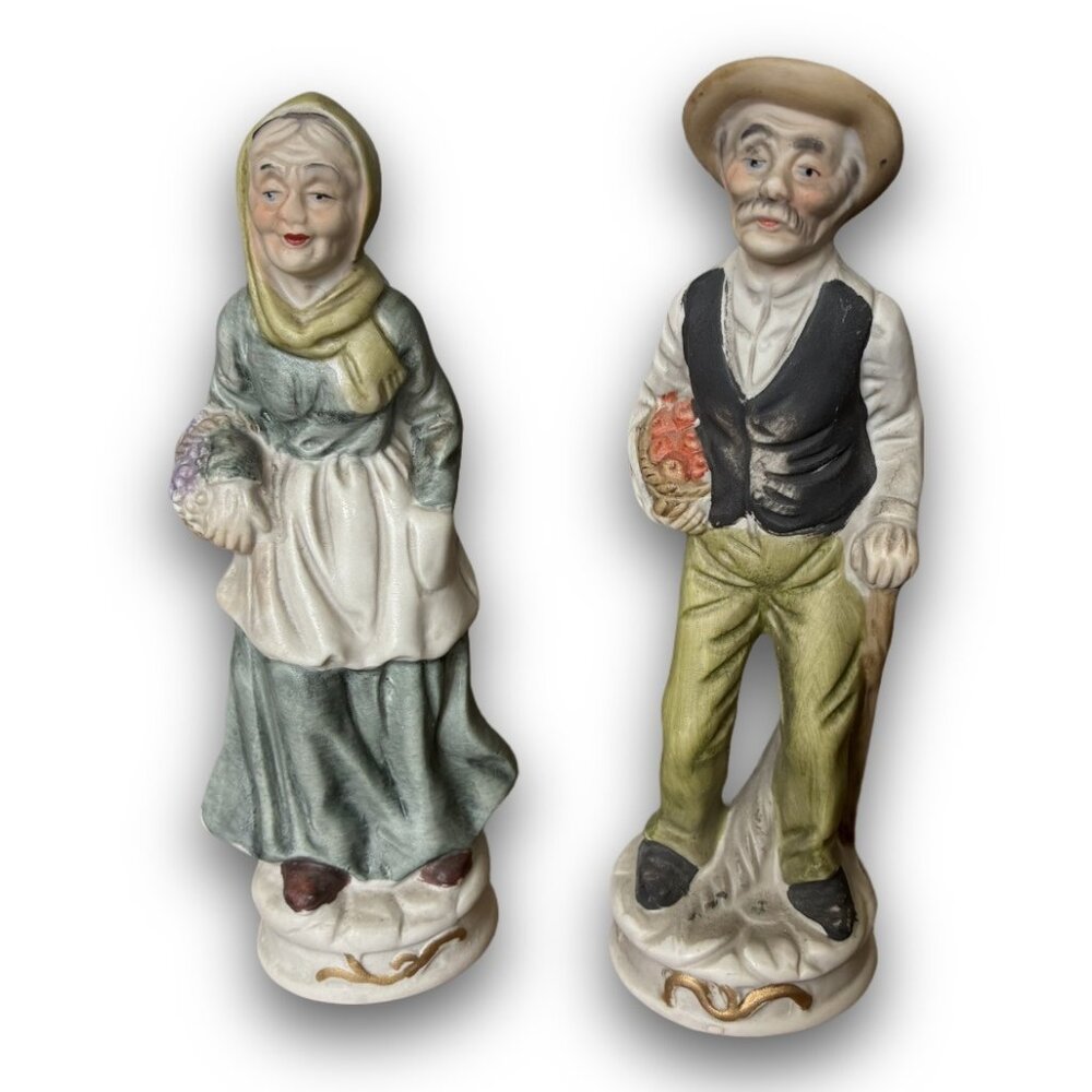 Vintage Bisque Porcelain Couple Figurines • Farmer & Wife • Cottagecore Country